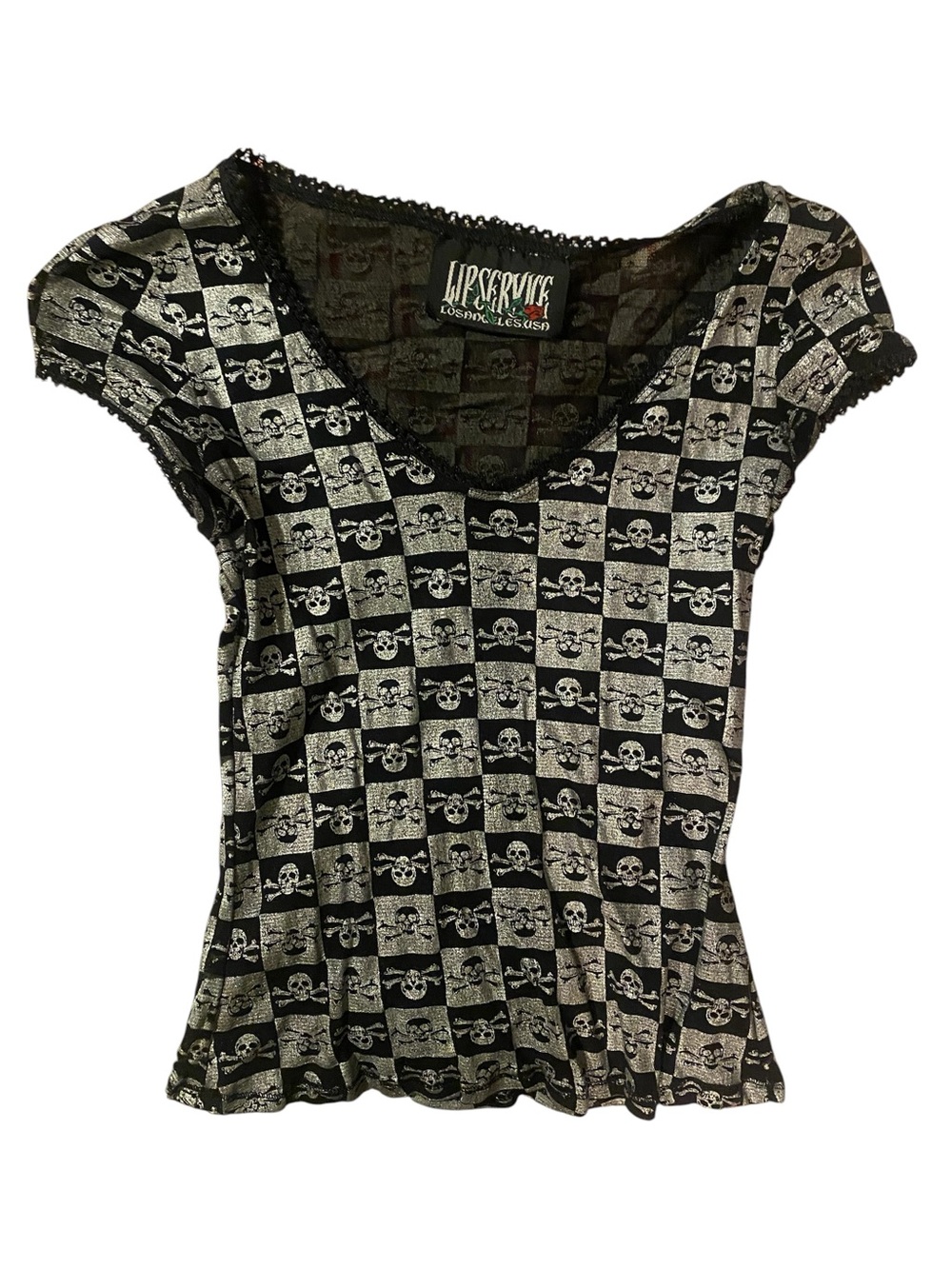 Lip Service Black and Silver Skull-Print Cap Sleeve Top